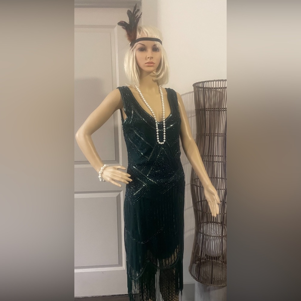 Vintage style beaded fringe dark green great gatsby / roaring 20s formal dress